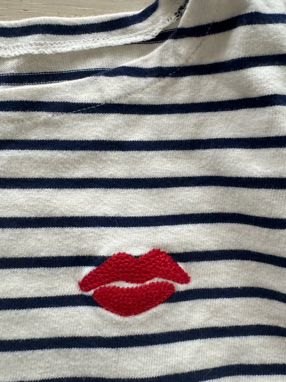 J crew Classic mariner cloth boatneck T-shirt with embroidery lips kiss